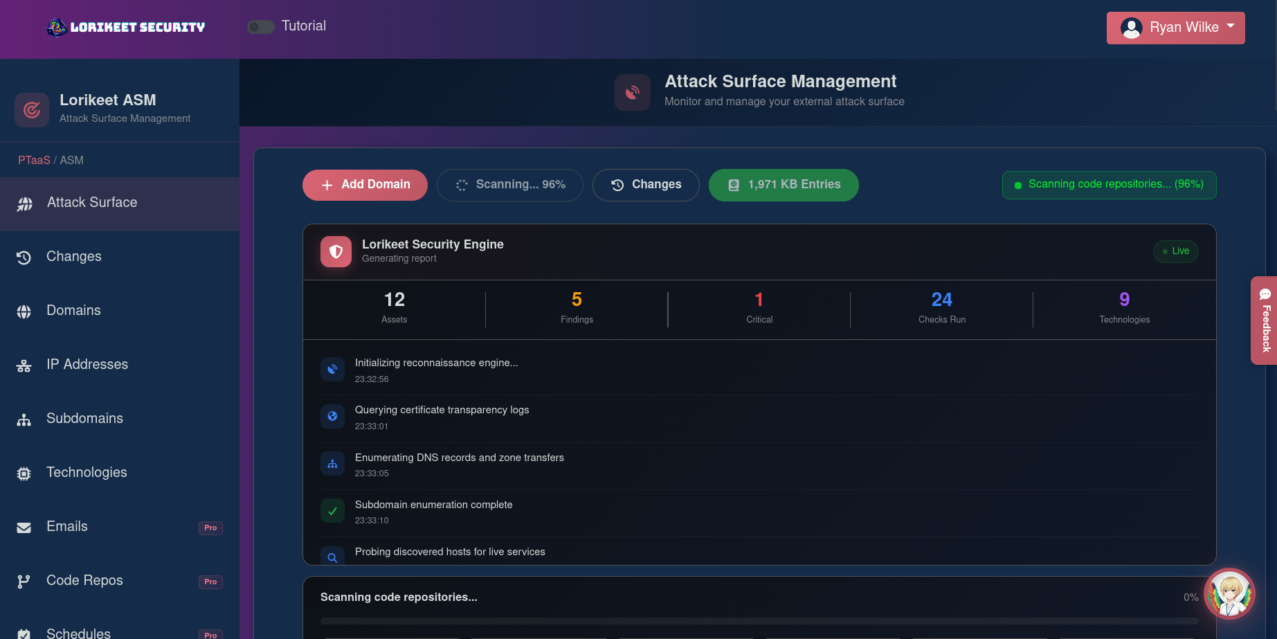 Lorikeet ASM scanning dashboard showing the Lorikeet Security Engine running a live scan with 12 domains discovered, 5 findings, 1 critical issue, 24 security checks, and 9 technologies detected, with a real-time activity feed showing reconnaissance phases