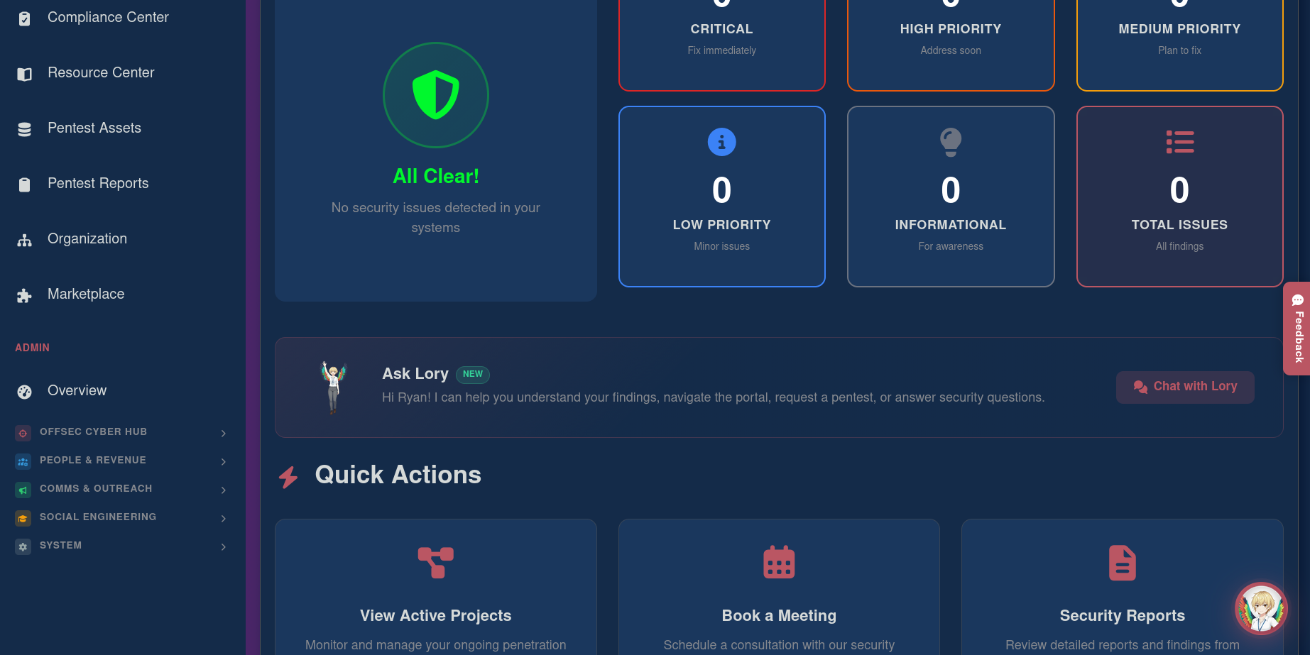 Lorikeet PTaaS client dashboard showing the Compliance Center, security status overview with priority levels, Ask Lory AI assistant, and Quick Actions for viewing projects, booking meetings, and accessing security reports