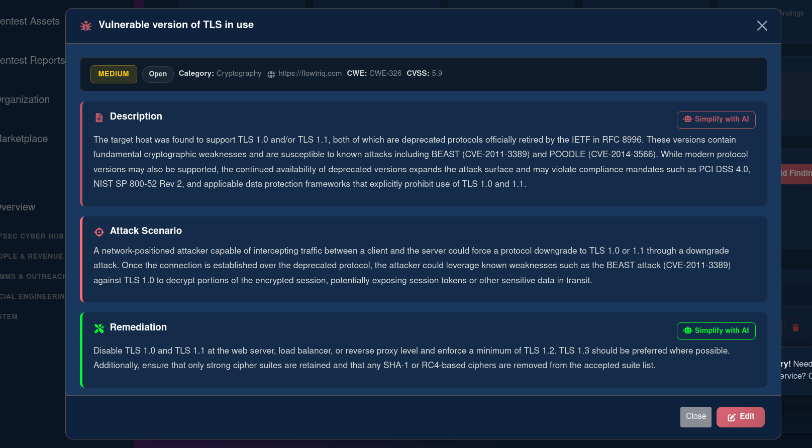Lorikeet PTaaS finding detail modal showing a Vulnerable version of TLS in use finding with MEDIUM severity, CWE-326, CVSS 5.9, detailed description, attack scenario, remediation guidance, and Simplify with AI buttons