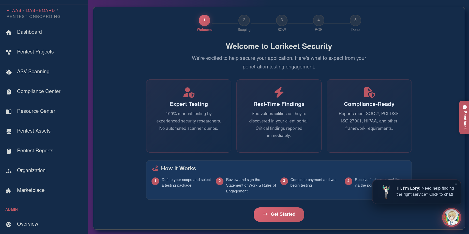 Lorikeet PTaaS portal onboarding wizard showing the Welcome to Lorikeet Security screen with a 5-step progress bar, Expert Testing, Real-Time Findings, and Compliance-Ready feature cards, and the How It Works workflow guide with Get Started button