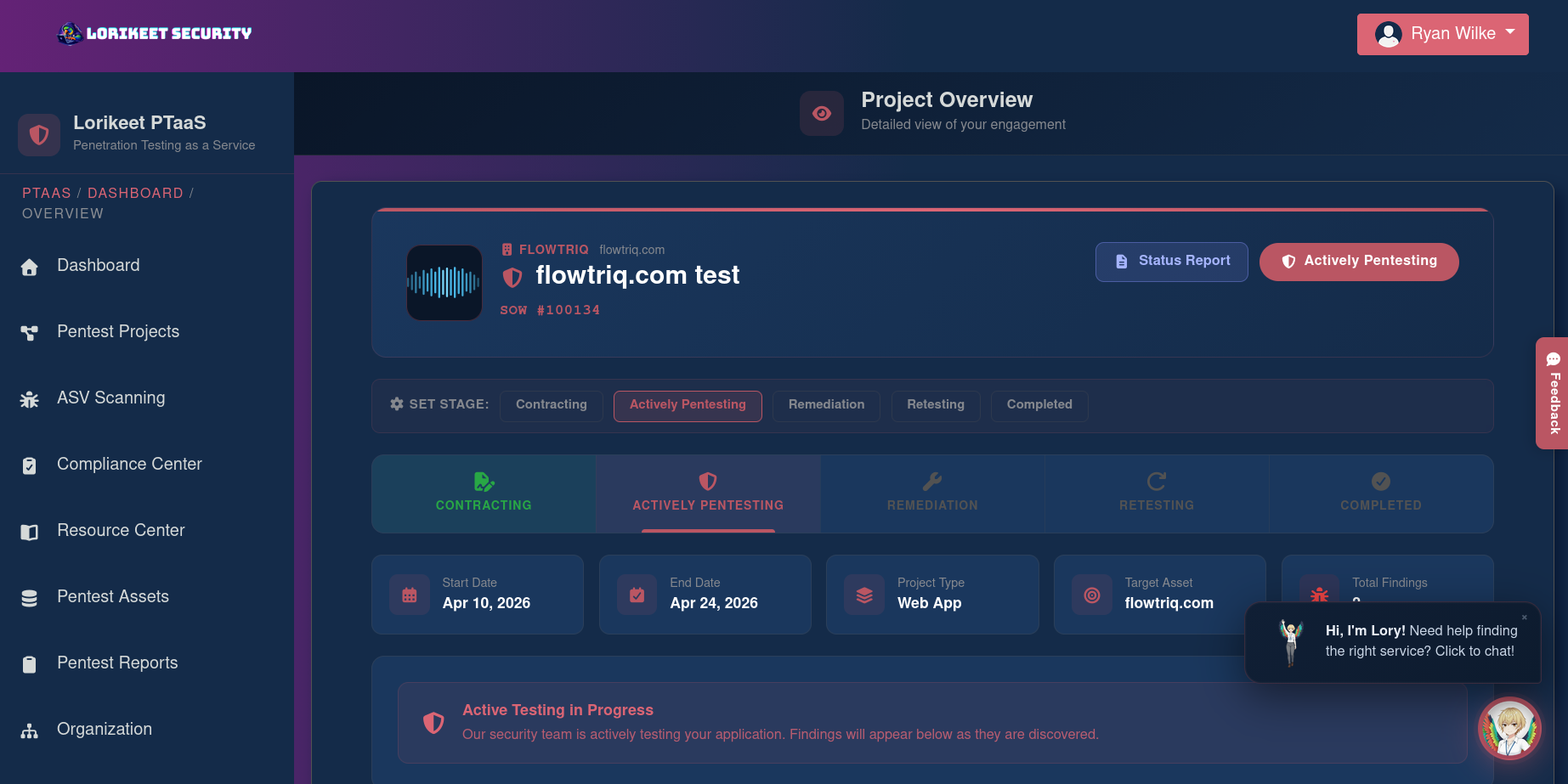 Lorikeet PTaaS project overview for flowtriq.com.test showing the five-stage engagement pipeline (Contracting, Actively Pentesting, Remediation, Retesting, Completed), project details including start date, end date, testing type, and target asset, with an Actively Pentesting status badge