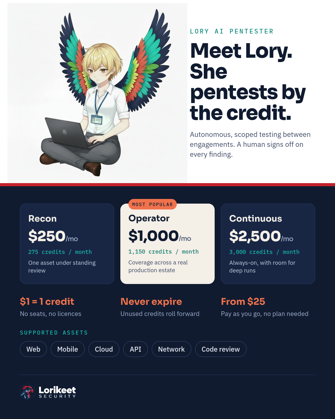 Lory AI Pentester Plans and Pricing