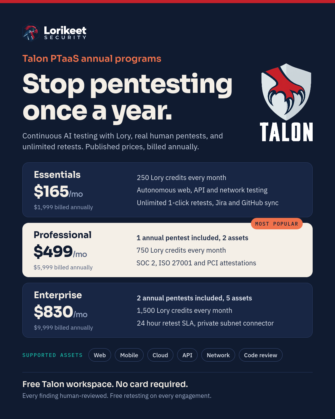 Talon PTaaS Enterprise Plans featuring Private Subnet Connectors